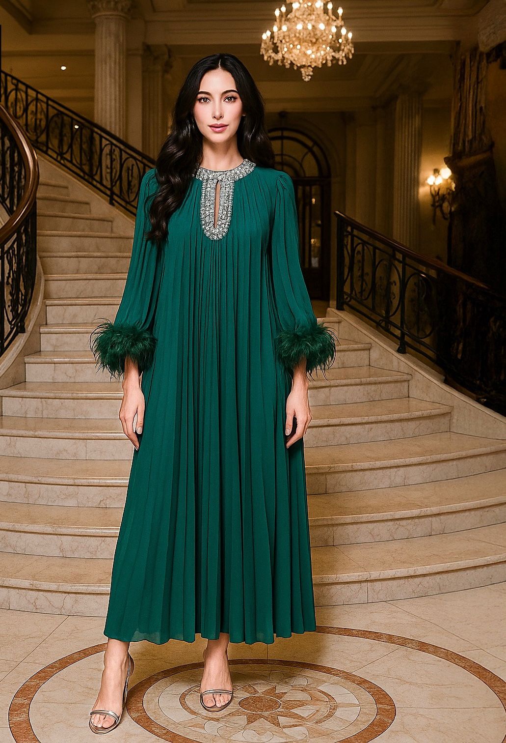 Emerald Luxe Pleated Gown