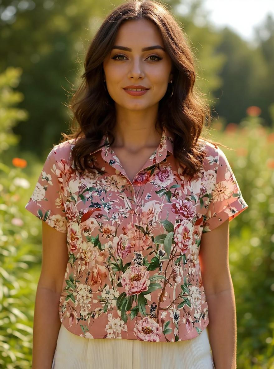 Peony Print Shirt-Pink